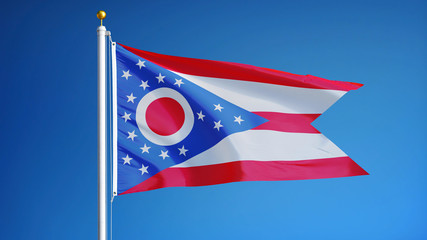 Ohio (U.S. state) flag waving against clear blue sky, close up, isolated with clipping path mask alpha channel transparency, perfect for film, news, composition