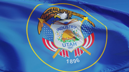 Utah (U.S. state) flag waving against clear blue sky, close up, isolated with clipping path mask alpha channel transparency, perfect for film, news, composition