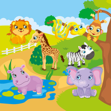 Cute Cartoon Zoo Animals 