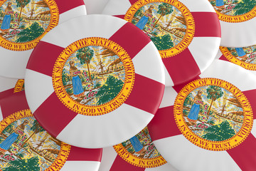 US State Buttons: Pile of Florida Flag Badges, 3d illustration