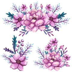 Set Of Watercolor Bouquets With Pink Peonies