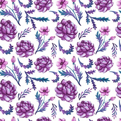 Watercolor Deep Violet Peonies and Leaves Seamless Pattern