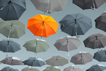Concept of identity, character, personality and color. Bright orange outstanding  umbrella hanging among gray colorless umbrellas.  - obrazy, fototapety, plakaty