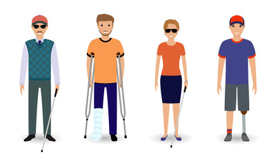 Fototapeta premium Disability people concept. Group of invalid men and women isolated on a white background.