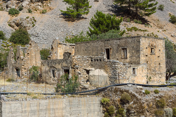 Abandoned buildings in Samaria Gorge. Island of Crete, Greece.