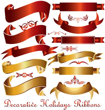 Ribbons set of holidays decoration red and gold vintage collection