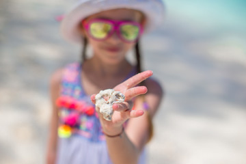 Close up kid's hands holding beautiful sea shells