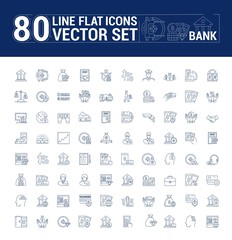 Vector graphic set. Icons in flat, contour, thin and linear design.Bank building.Economy, currency, and commerce.Protection of bank vault. Euro, dollar and gold.Concept sign, symbol for Web site, app.