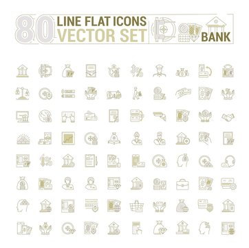 Vector graphic set. Icons in flat, contour, thin and linear design.Bank building.Economy, currency, and commerce.Protection of bank vault. Euro, dollar and gold.Concept sign, symbol for Web site, app.
