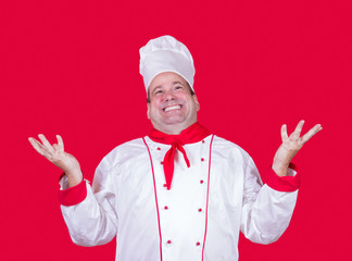 cheerful cook on a red background