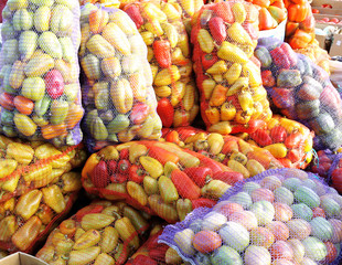 Fresh vegetables in mesh bags on market