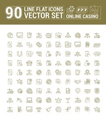 Vector graphic set of icons in flat, contour, thin and linear design. Internet slot machine online casino poker. Gambling. Concept infographic for Web site, app. Virtual card game. Paid entertainment.
