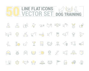 Vector graphic set. Icons in flat, contour, thin and linear design.Process of dog training. Simple icon on white background.Concept illustration for Web site, app. Sign, symbol, emblem.