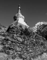 Buddhist stupa along the trail to Namche Bazar - Everest region  (black and white) - Nepal,...