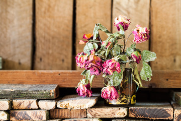 Dried roses and buds with wooden pieces texture