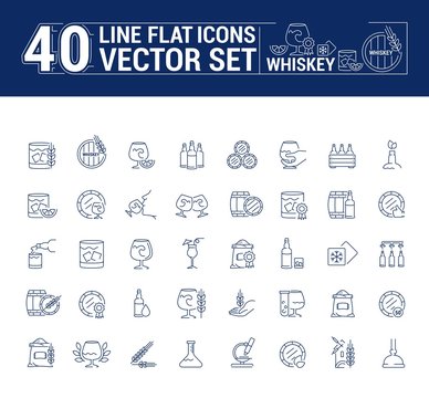 Vector graphic set of icons in flat, contour, thin and linear design. Scottish, Irish alcoholic drink whiskey. Concept infographic for Web site, app. Sign, symbol, emblem.