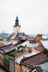 The roofs of European city in the mist.