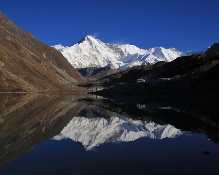 Snow capped mount Cho Oyi mirroring in Gokyo lake