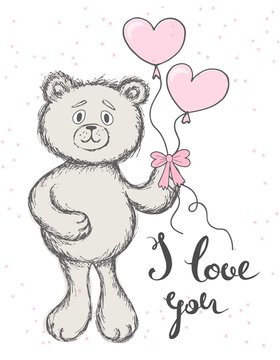 Teddy bear keeps the balloons in the form of hearts on a white background. Hand drawn lettering I love you.