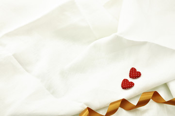Love Valentines Day red heart on off white linen fabric backgrou
