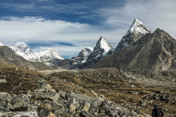 Panorama of the Nirekha (6169 m), Kangchung (6062 m), and Chola (6069 m) with Mt. Everest (8848 m)...