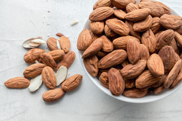 Almond nuts  snack in a ceramic bowl