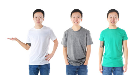 Obraz premium Young man wearing different t-shirts on white background