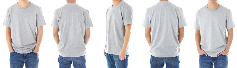 Different views of man wearing t-shirt on white background