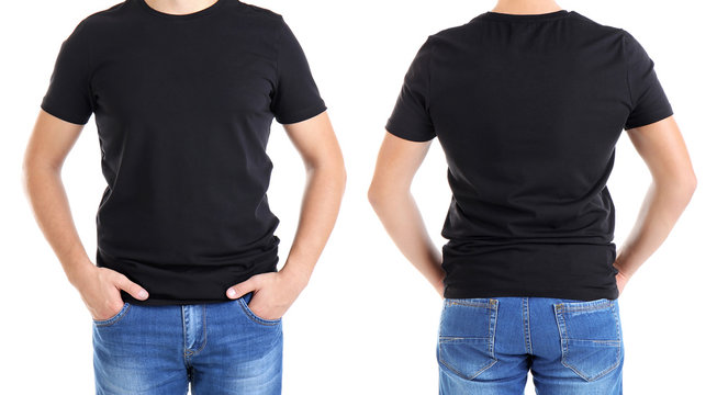 Different views of man wearing t-shirt on white background