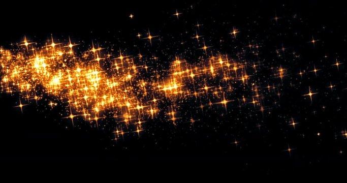 gold glow glittering stars bokeh tail transition sparkle effect on black background, holiday happy new year concept