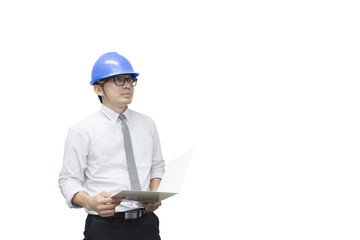 The isolate scene of engineer hold the note paper by the hand with the white background