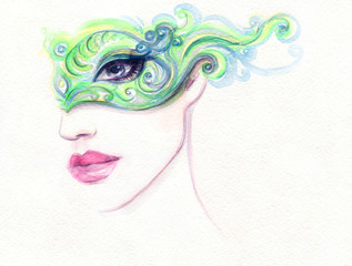 Beautiful woman face. Fashion watercolor illustration. Beauty background