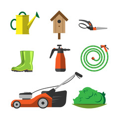 Garden equipment flat set vector.