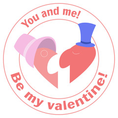 A man and a woman - the two halves puzzle of the heart. Be my valentine. Flat icon stamp for the website and print. Greeting card.