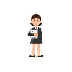 Happy business woman in suit standing with statistics file in ha