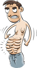 A cartoon man flexing his extremely developed and toned abdominal muscles.