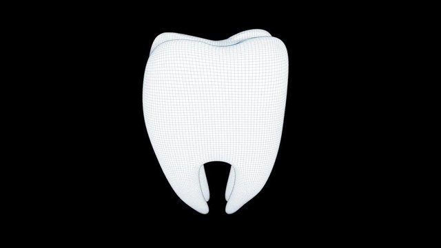 Rotating human tooth with a blue arrow spinning around it. 3D model technical illustration.