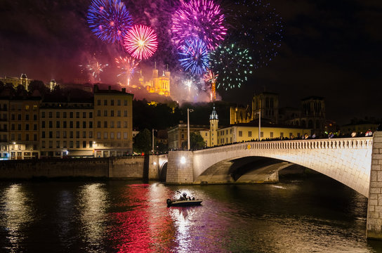 Lyon (France) fireworks on Notre-Dame de Fourviere for the National Holiday Bastille Day (14 July 2016) - Powered by Adobe