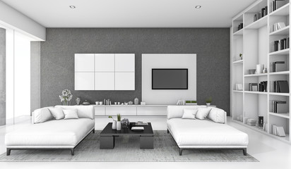 3d rendering white loft living room with sofa and bookshelf