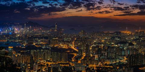 Fototapeta na wymiar Panorama view after sunset on Kowloon Peak, Hong Kong