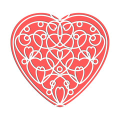 Valentine's Day openwork white paper card. Stencil design with heart on a red background. Laser decoration template for greeting cards, invitations. Vector illustration.