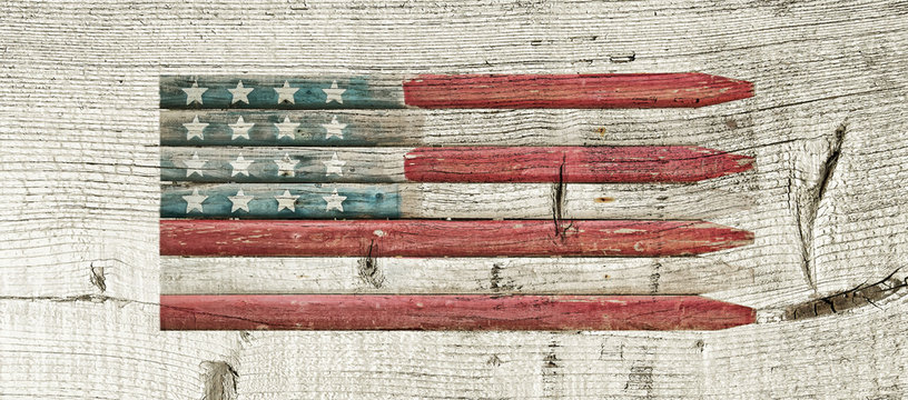 American flag painted on grunge white washed wooden background 