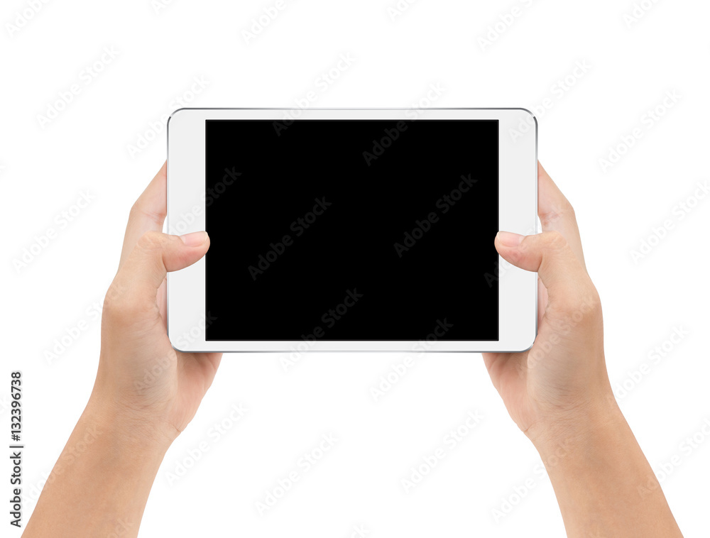 Aufkleber mock-up digital tablet in hand isolated on white background with