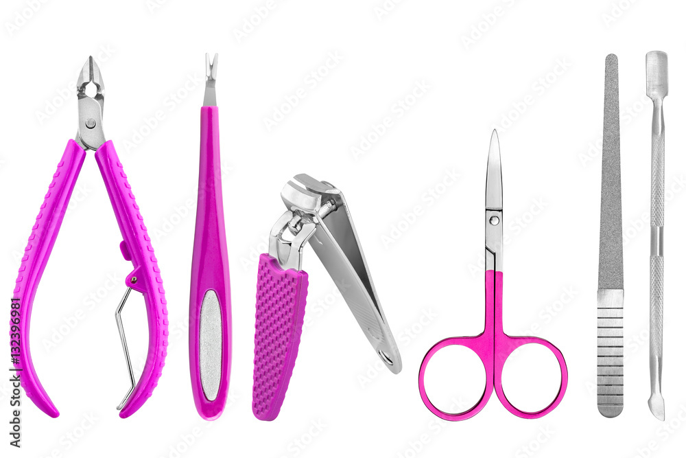 Wall mural six stainless steel nails care basic instruments, some with pink rubber cover: two-pronged dead skin