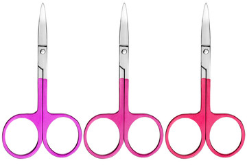 Stainless steel nail cuticle removal scissors for manicure and pedicure, three different colors of handle, beauty products isolated on white background, clipping path included