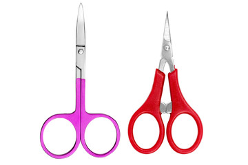 Two different stainless steel nail cuticle removal scissors for manicure and pedicure, purple and red colors of handle, beauty products isolated on white background, clipping path included