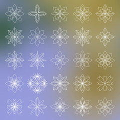 Set of linear flower symbols on a blurred background. Four petals. Vector illustration.