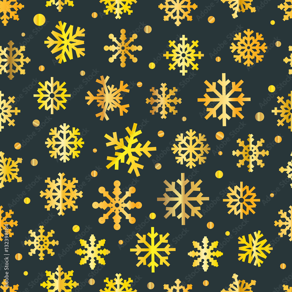Poster Different golden vector snowflakes seamless pattern. Vector ice