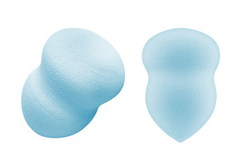 Two blue cosmetic sponge pads for applying face makeup, isolated on white background, clipping path included