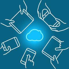 Cloud technology usage with modern gadgets. Lineart vector illus